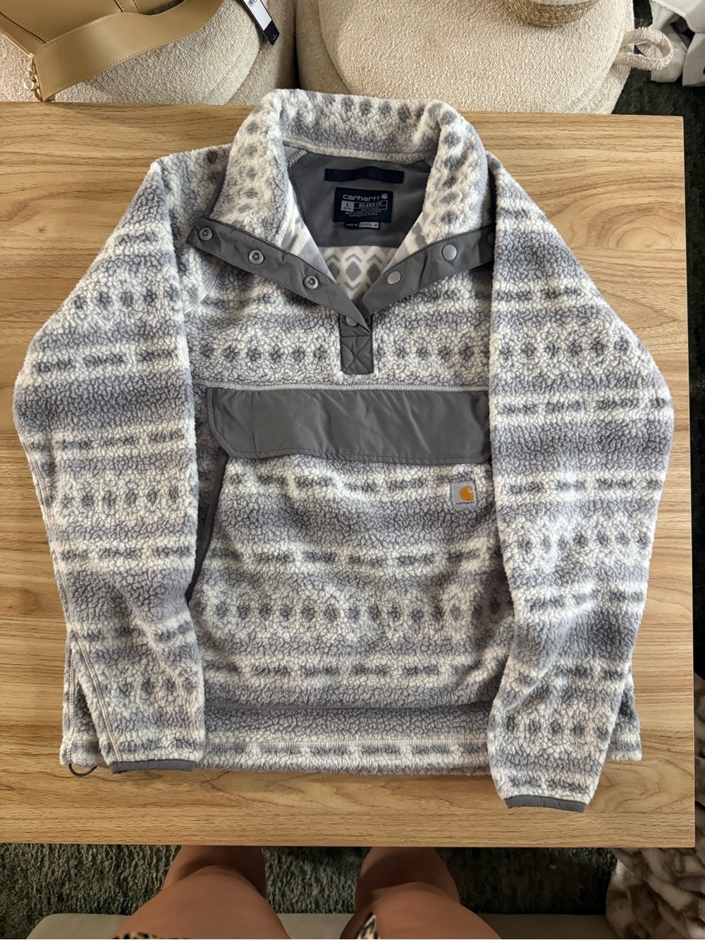 Carhartt Gray and White Patterned Sherpa Pullover Jacket